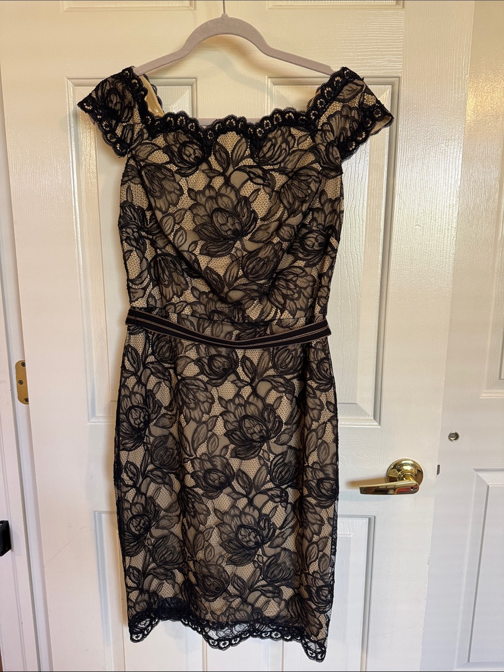 Tadashi Shoji Black Lace Midi Dress with Nude Lining